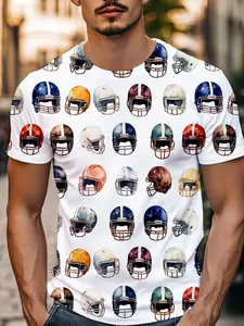 All over Print Watercolor Football Helmet Short Sleeve T-Shirt, Vintage Style Casual Wear for Game Day & Everyday Comfort
