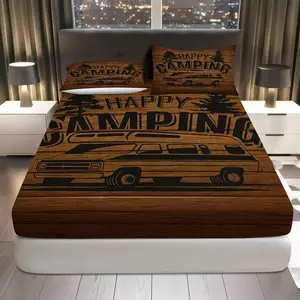 3Pcs Vintage Camping Adventure Fitted Sheet Three Piece Set (1*Fitted Sheet+2*Pillowcases, Coreless), Outdoor theme, Rustic Car Bedding Set, Mattress protector Soft, Breathable