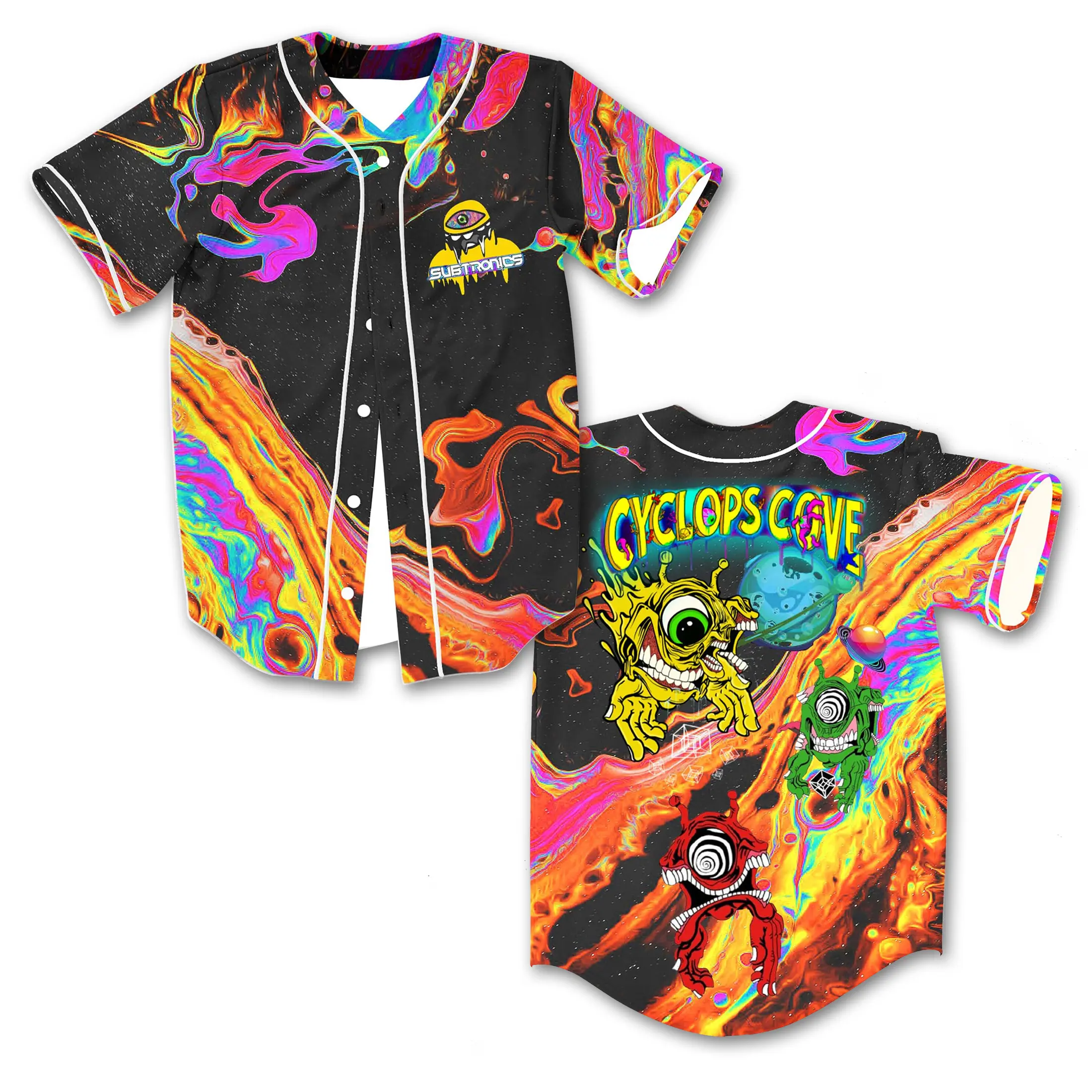 Subtronics Baseball Jersey, Cyclops Cove Trippy Alien Shirt, EDM Dubstep Basshead Headbanger Merch, Lost Lands EDC Festival Outfit, Psychedelic Space Graphic Button Down Top, Cyclops Army Music Lover Unisex Rave Apparel