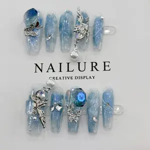 J29  Romantic Butterfly Nail Art press nail glossy acrylic artificial  nail green press luxury press ons cat  eye  heart  magnets design full cover