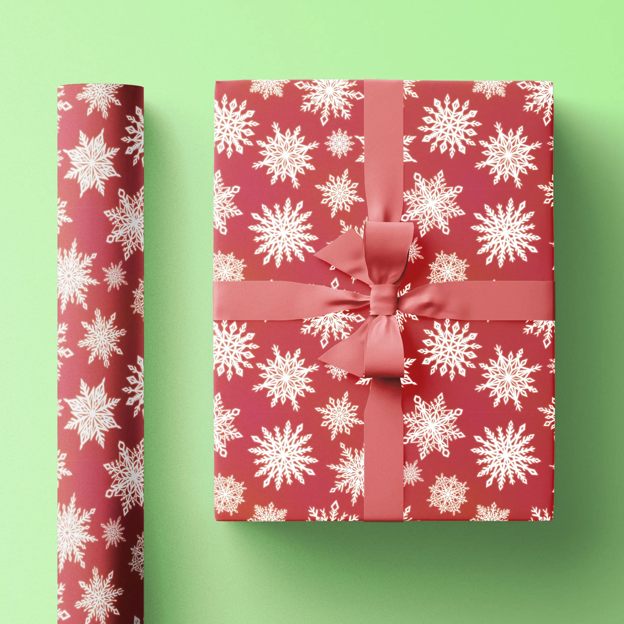Red Snowflake Print Holiday Wrapping Paper Roll, Vintage Inspired Christmas Gift Wrap in Custom Pattern