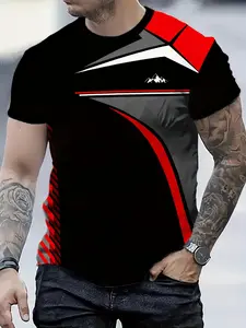 Men's 3D geometric pattern color block print crew neck short-sleeved T-shirt, casual and stylish summer short-sleeved shirt, suitable for everyday wear and outings.
