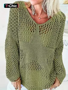 Women's Plain Hollow Out Sheer Drop Shoulder Crochet  Sweater, Casual Long Sleeve Crew Neck Jumper for Summer, Fashion Womenswear Knitwear for Daily Wear