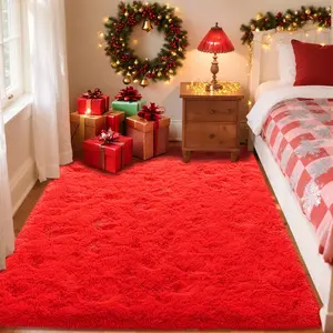 Red Soft Fluffy Area Rug For Living Room Bedroom, Plush Shag Rugs, Fuzzy Shaggy Accent Carpets For Kids Girls Rooms, Modern Apartment Nursery Dorm Indoor Furry Decor