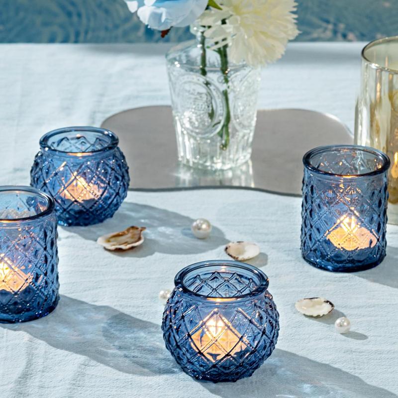 A 24-Piece Set of Transparent/ Blue/ Amber/ Green Glass Candle Holders, include: 12 Round Cups and 12 Textured Cups, Suitable for Weddings, Parties, and Home Decoration