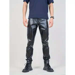 Men'S Fashion Slim Fit Faux Leather Pants, 100% Polyurethane with Polyester, Solid Color, Regular Length, Zipper Fly, Medium Stretch, Skinny Style for Festive Occasions, Summer Wear
