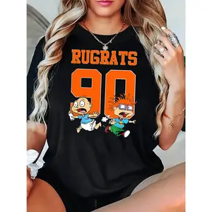 Women's T-shirt, black short-sleeve with cartoon print, round neck, comfortable summer top, casual and fun print, suitable for all seasons