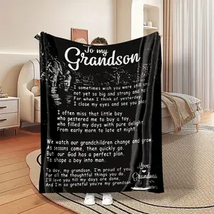Letter To Grandson Pattern Flannel Blanket, 1 Count Soft Warm Throw Blanket, Air-Conditioned Room Blanket, Warm Nap Blanket For Home Office Travel