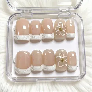 10pcs Handmade Short Square Press on Nails 3D Flowers | Nude Bubble Bath French Tip Handmade False Nails | Reusable Daily Wear Set