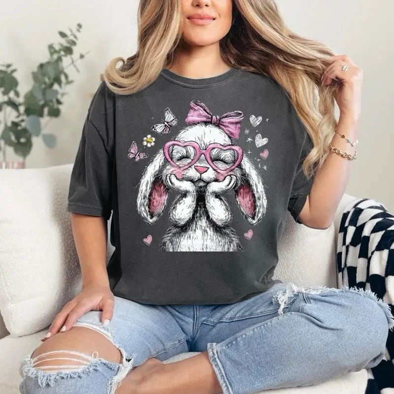 Bunny Face in hands T-shirt Comfort Colors Summer Everyday Style Shirtsleeve love casual comfortable super soft relaxed fit unisex Sizing womenswear Streetwear  vintage Crewneck Printed Loose Graphic Easter bunny spring