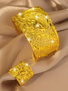 Textured leaf bracelet+ring, jewelry with adjustable opening design, 24K copper plated women's jewelry, Fashion jewelry set, suitable for girlfriends to wear, exquisite gifts for friends, perfect for Valentine's Day and weddings, bridal accessories