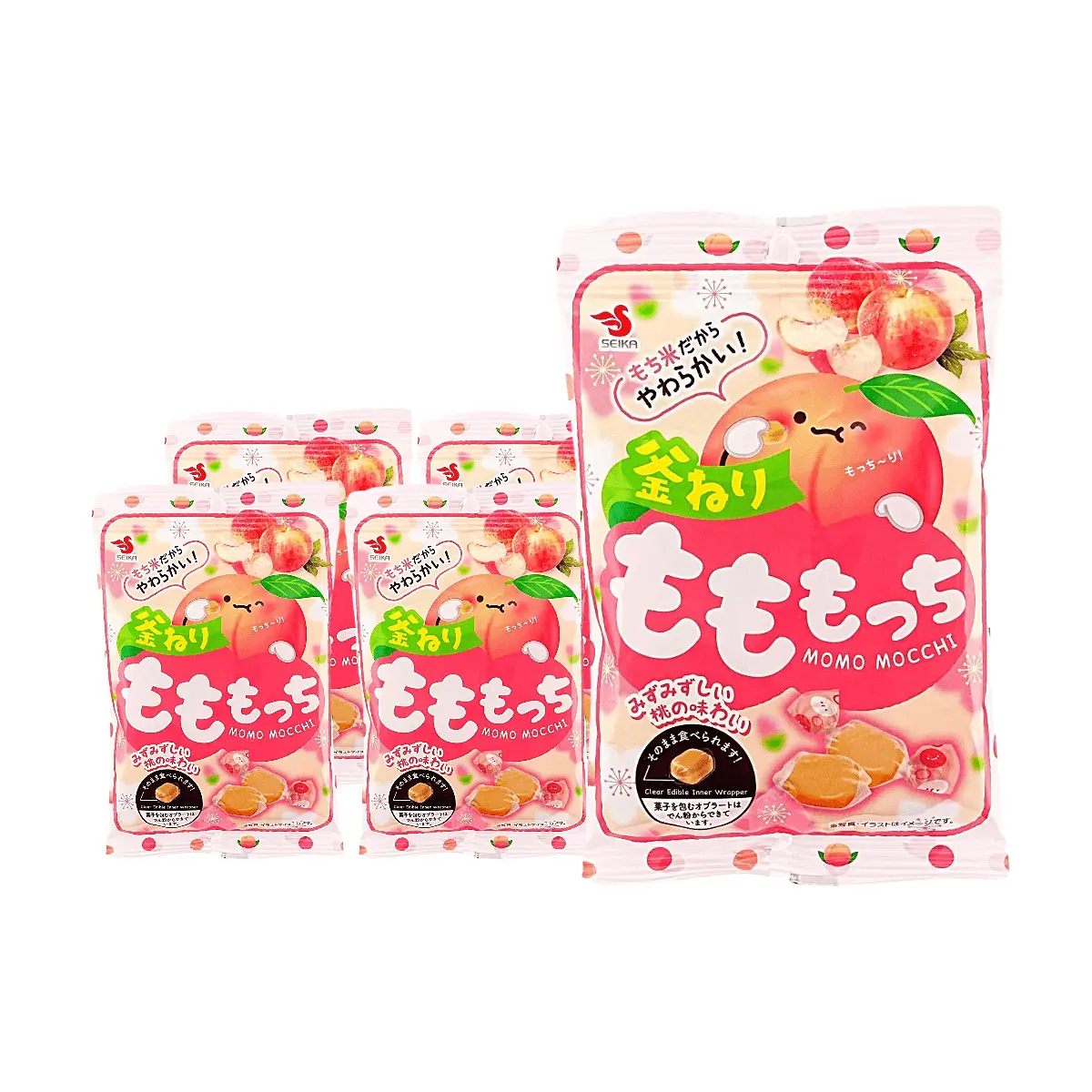 SEIKA FOODS Japanese Peach Mochi Gummy Candy - 5 Pack (32g Each) - Soft, Chewy, Fruity Japanese Snack