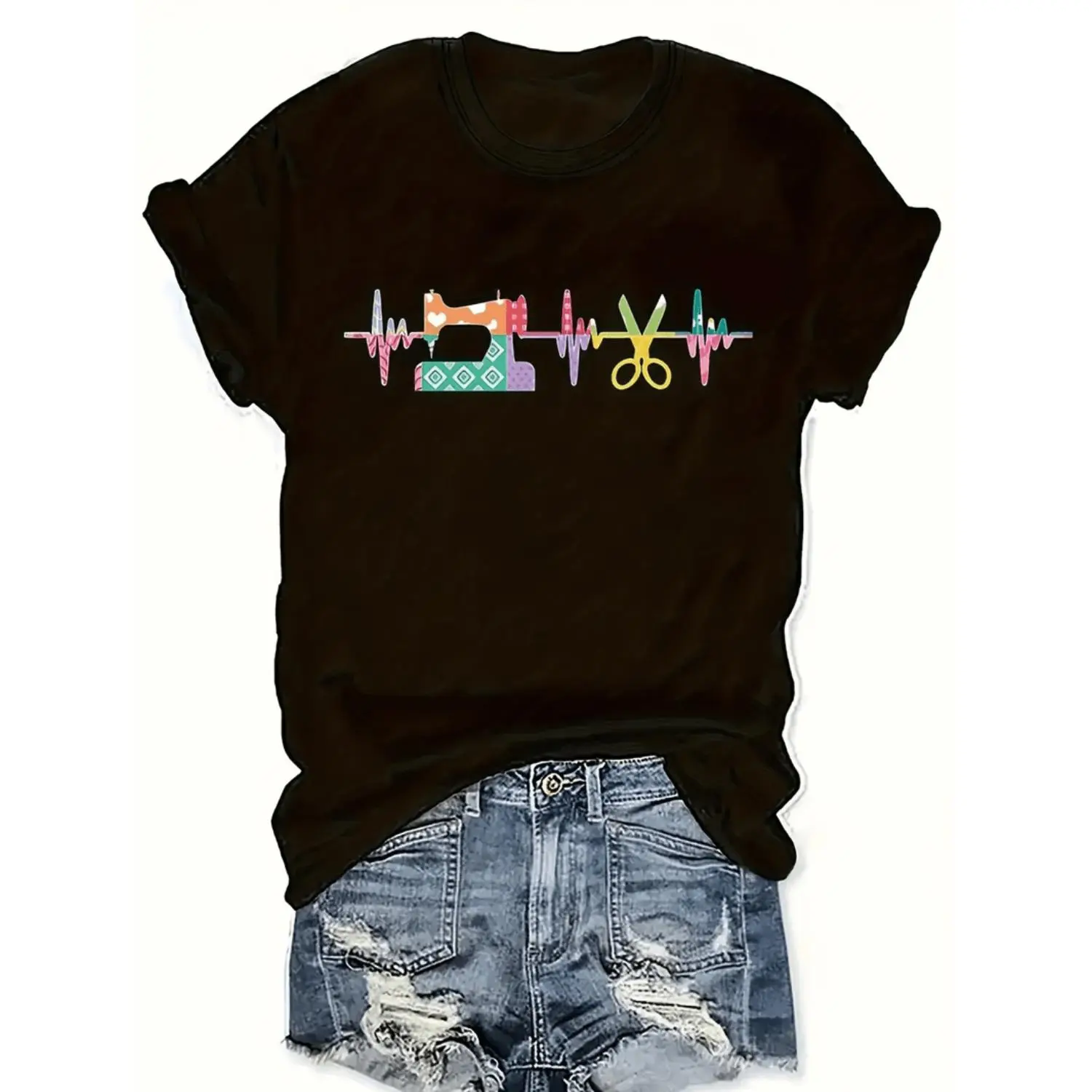 Women'S Casual Sewing Machine Patterned T-Shirt, Short-Sleeved, Round Neck, Stretchy Polyester Blend, Machine Washable.