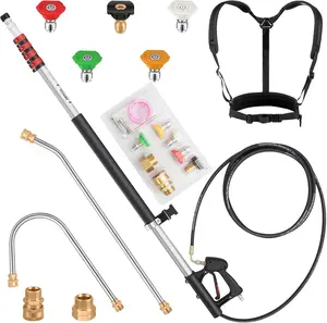 24 FT Gutter Cleaning Tools from The Ground - Telescoping  Washer Wand - Gutter Cleaner Attachment with Power Washer Extension Wands, 5 Spray Nozzle Tips, 2 Hose Adapters and Support Belt