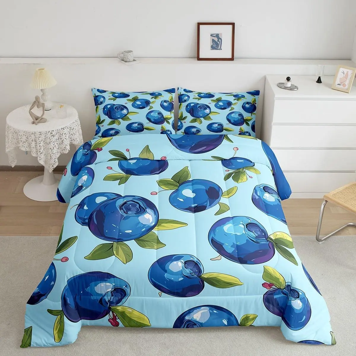 Cartoon Blueberry Kids Comforter Setsummer Tropical Fruits Bedding Set,Boys Girls Room Decor,Hawaii Summer Beach Down Comforter,Blue Green Duvet Insert