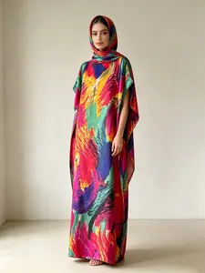 Vibrant Feather Print Kaftan Set - 2pcs, Boho Beach Coverup for Vacation, Plus Size Friendly, Stylish and Comfortable