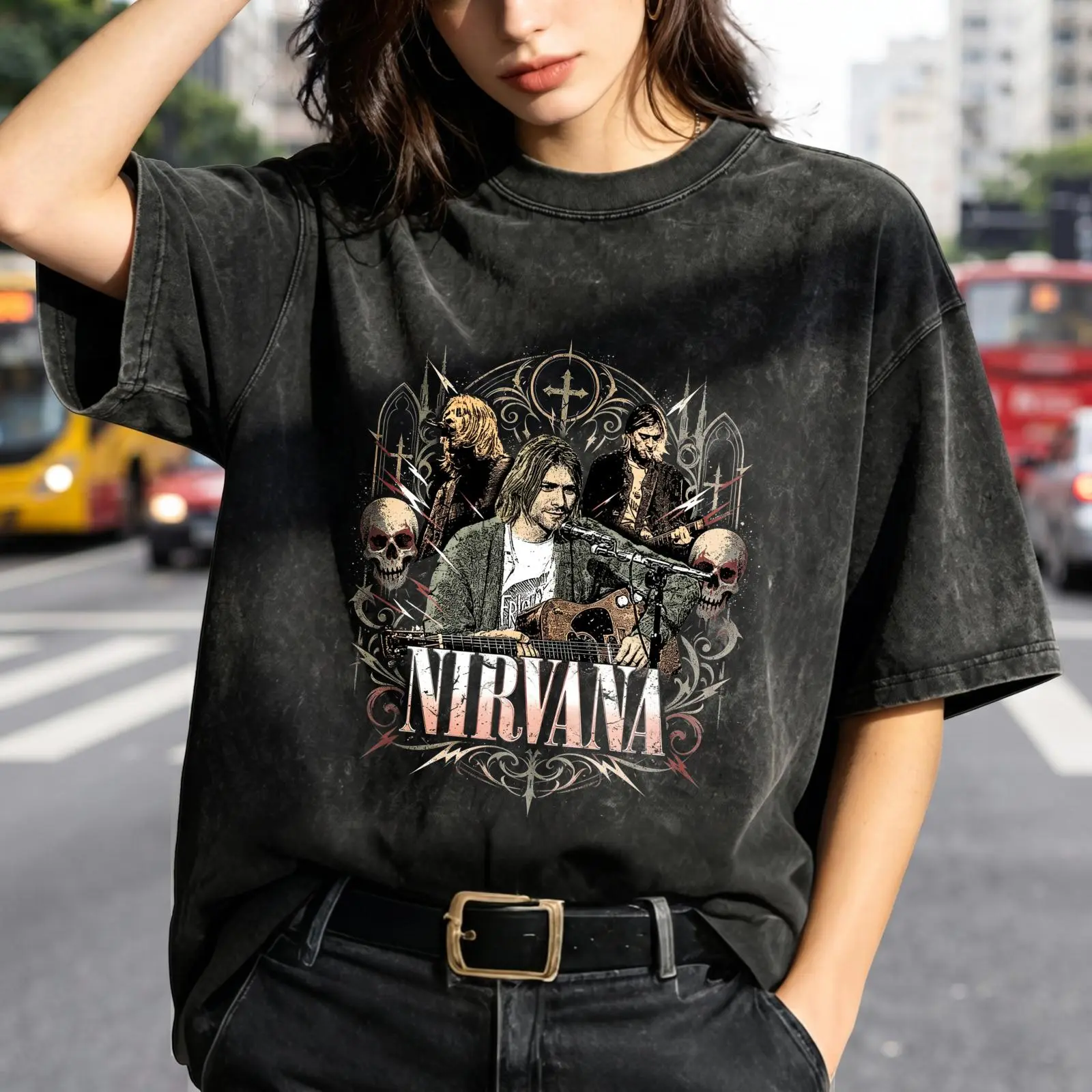 Nirvana Band Print Women's Vintage Washed T-Shirt Nirvana Band Graphic Tee Print Oversized Graphic Tee Outdoor Casual Short Sleeve