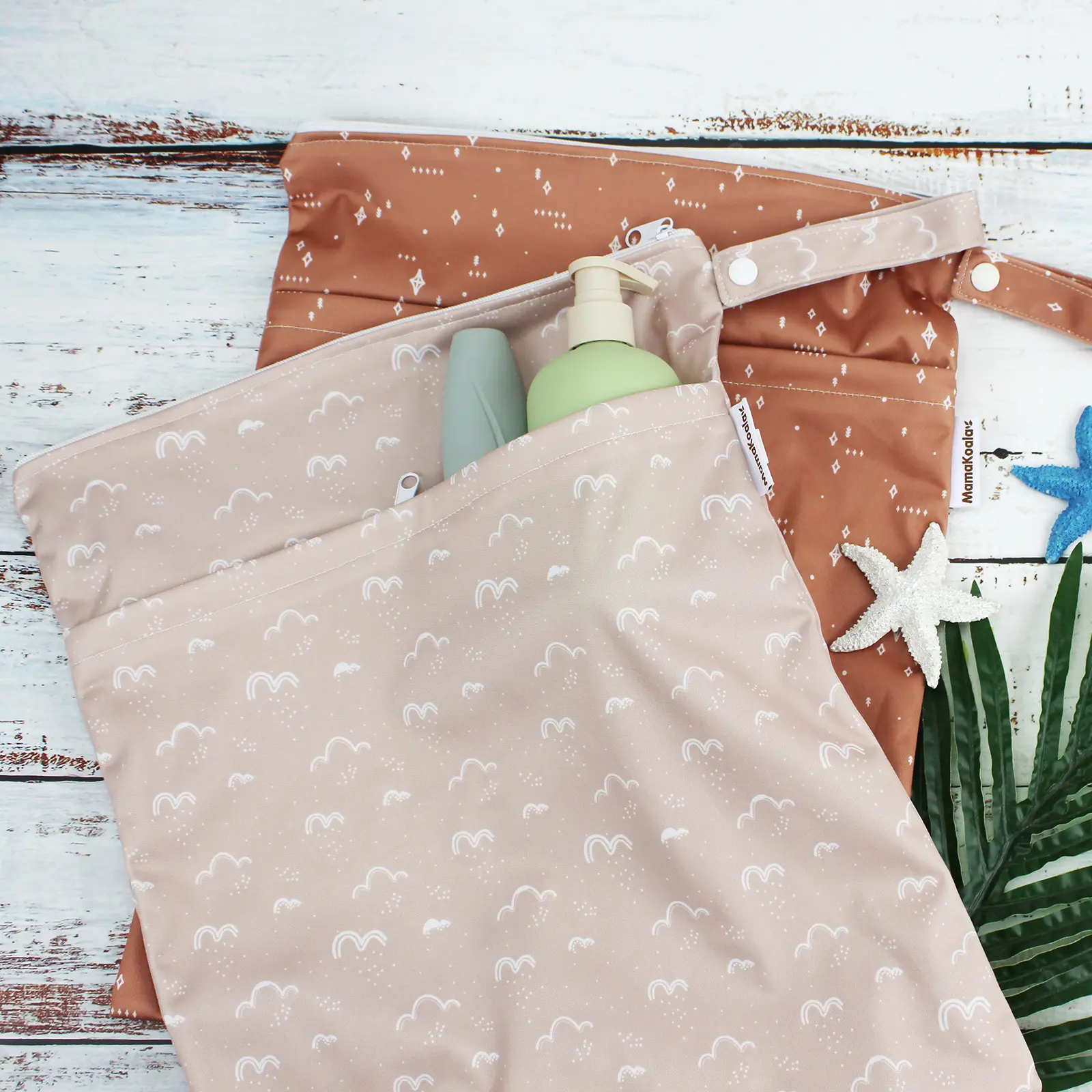 MAMA KOALA Stylish Wet Dry Diaper Bag, 2 Pack Medium Reusable & Foldable Organizer, Waterproof Cloud & Stars Print with 2 Zipper Pockets & Loop Handle, Tpu, Neutral, Eco-Friendly