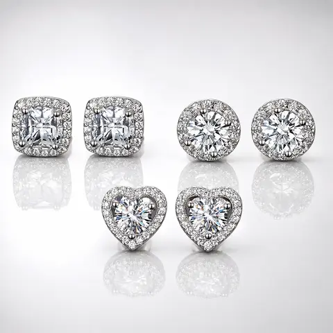 925 Sterling Silver Post CZ Metal Earrings - Round, Square, Heart Cubic Zirconia, Gold-Silver, 3g, 1 Pair, Unisex Daily Wear Jewelry for Women, Men's Accessories