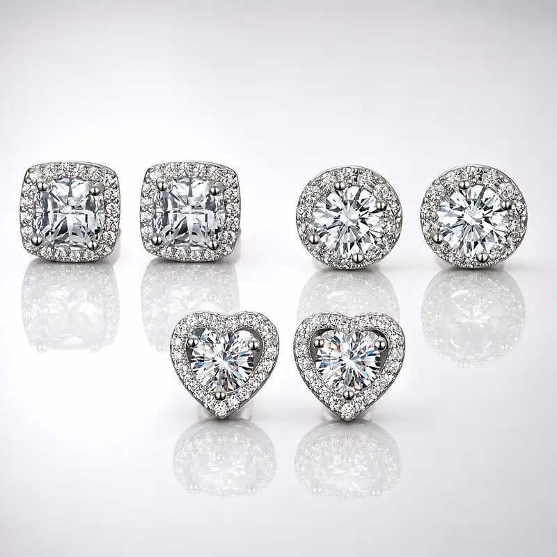925 Sterling Silver Post CZ Metal Earrings - Round, Square, Heart Cubic Zirconia, Gold-Silver, 3g, 1 Pair, Unisex Daily Wear Jewelry for Women, Men's Accessories