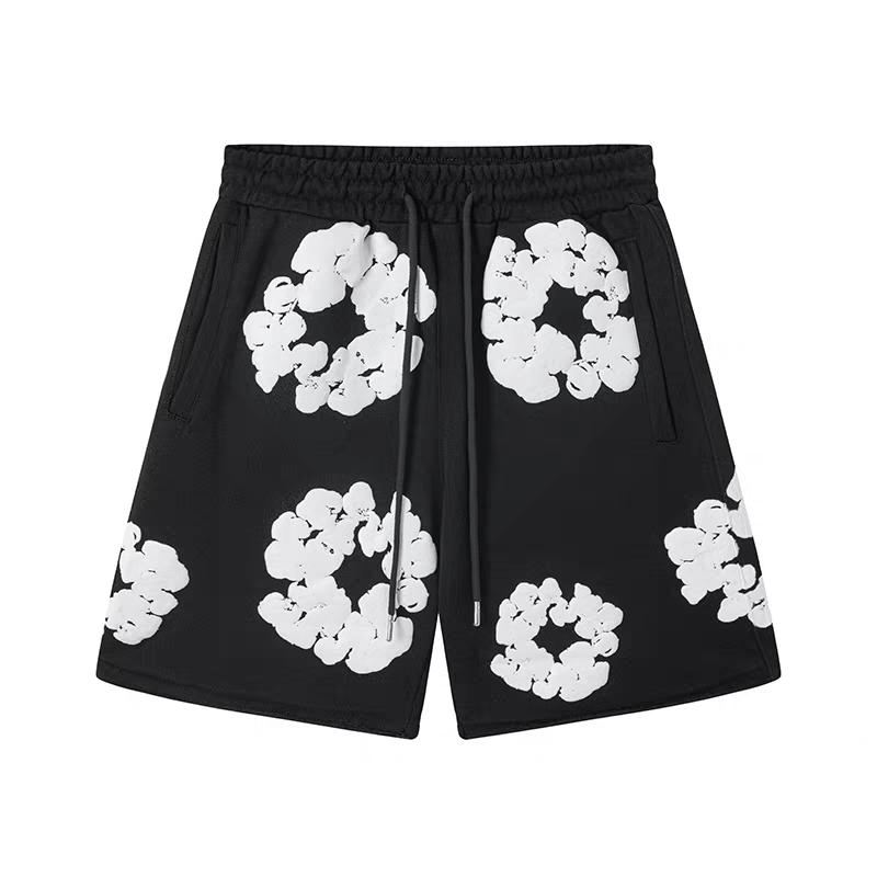 Denim Tears Kapok Foam Print Men's & Women's American High Street Loose Shorts | Brand New 3D Cotton Wreath Print Shorts | Floral Pattern Drawstring High-Waist Casual Pocket Shorts