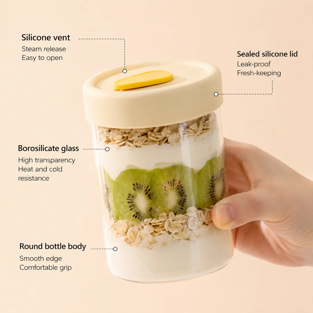 1-Piece Kitchen Glass Canister, 400ml Airtight Leak-Proof Utensils Storage Jar for Overnight Oats, Yogurt, Fruit Daily Use, Smooth