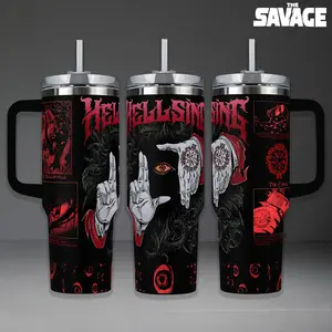 Hellsing Alucard Tumbler, 20oz & 40oz Insulated Travel Mug with Handle. Featuring Iconic Pentagram & "The Baskerville" Art, Dark Gothic Anime Aesthetic, Perfect Gift for Hellsing Fans