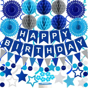 Blue Birthday Decorations Set with Banner, Honeycomb Balls, Paper Fans & Hanging Swirl for All