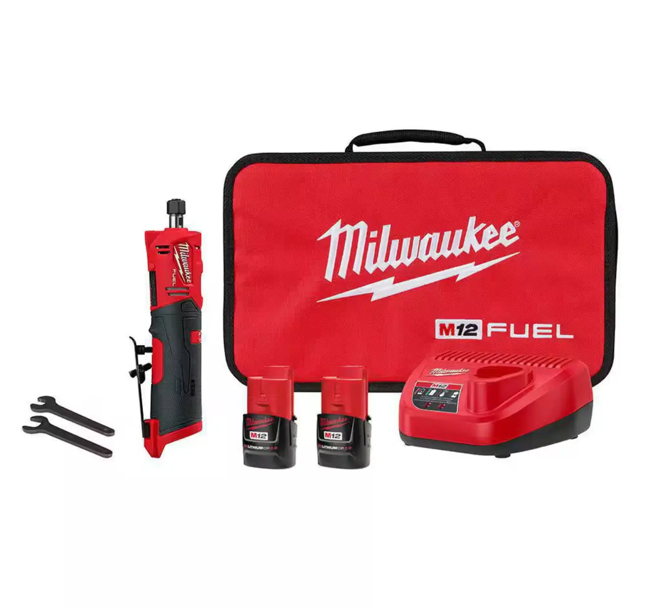 Milwaukee M12 Fuel 1/4” Straight Die Grinder Kit - 2x 2.0 Ah Batteries (2486-22), Cordless Power Tools Set, Angle Grinding Machine