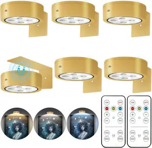 6Pcs Battery Operated Picture Light, Magnetic Led Painting Light with Remote Dimmable and Timer, 3 Lighting Modes Art Display Light for Picture Frame Paintings, Wireless Wall Decor Puck Lights, Gold wallsconces