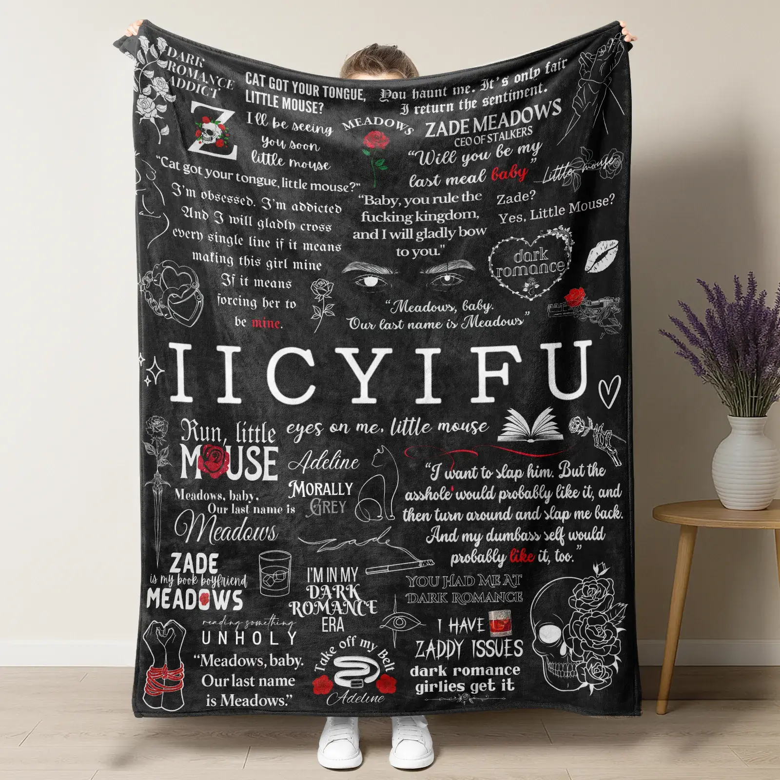 Zade Meadows IICYIFU Ultra-Soft Fleece Throw Blanket, Iconic Book Quote & Fan Art Print, Cozy Warm Lightweight Blanket for Dark Romance Book Lovers, Enemies-to-Lovers Fiction Fans, Bedroom Sofa Home Decor & Gift