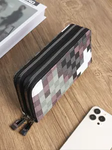 Men's Checkered Pattern Long PU Wallet - Full Zip Closure with Multi-Card Slots | Large Capacity for Cash & Daily Essentials, Stylish Color-Block Design | Practical Daily Accessory for Men, Pu Leather Wallet
