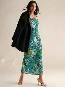 Elegant Lady Colorful Printed Beaded Mid-Length Strapless Dress Maxi Women Outfit