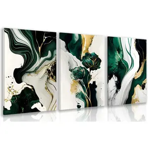 3 Pcs Framed Green Gold Abstract Wall Art, Emerald Marble Textured Wall Decor, Contemporary Line Flower Canvas Paintings, Abstract Floral Poster Prints For Living Room Bedroom Office 12"X16"X3