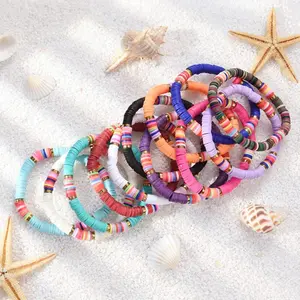 12pcs Friendship Bracelets Beaded Bracelets Heishi Bracelet Cute Bracelets Stack Vinyl Clay Disc Bead Surfer Stretch Summer Beach Bracelets For Women Preppy Bracelets
