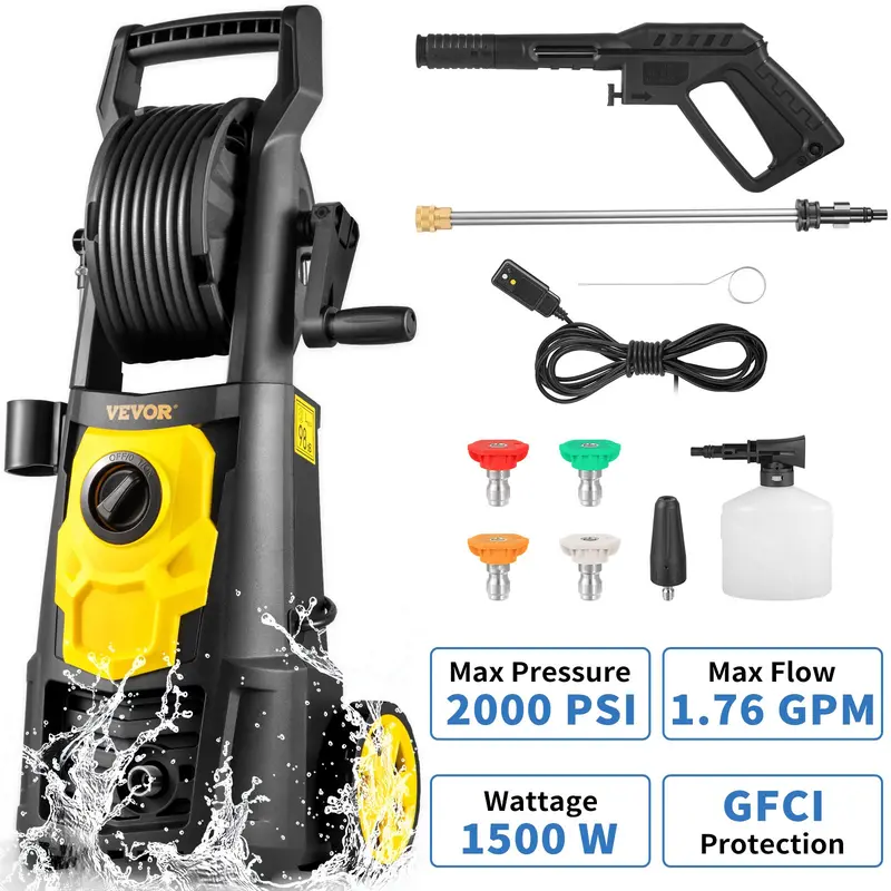 【toolupgrade】VEVOR Heavy-Duty Electric Pressure Washer - 2000 PSI, 1.76 GPM, 20 ft Hose, 5 Quick Connect Nozzles, Plastic Body, ETL Listed, Heavy Duty Cleaning for Cars, Clean Driveways, Portable Power Washer