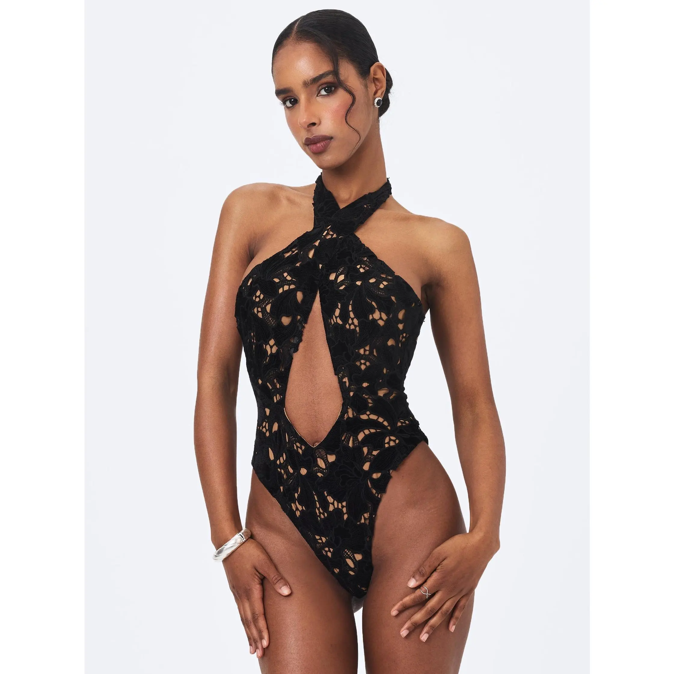 Breanna Black Velvet Lace Crossover Halter Swimsuit