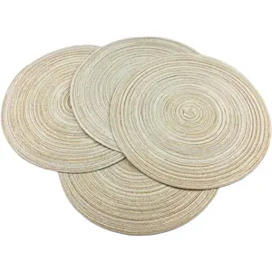 Placemats,Round Placemats for Dining Table Set of 4 Woven Heat Resistant Non-Slip Kitchen Table Mats Diameter 14 Inch(Cream with Golden Silk)