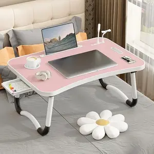 Portable Bed Desk Folding Lap Desk with 4 USB Ports Wind Fan LED Light Cup Holder Side Drawer for Working Reading Writing Eating on Bed Sofa Floor 23.6x15.7x10.6 Inches