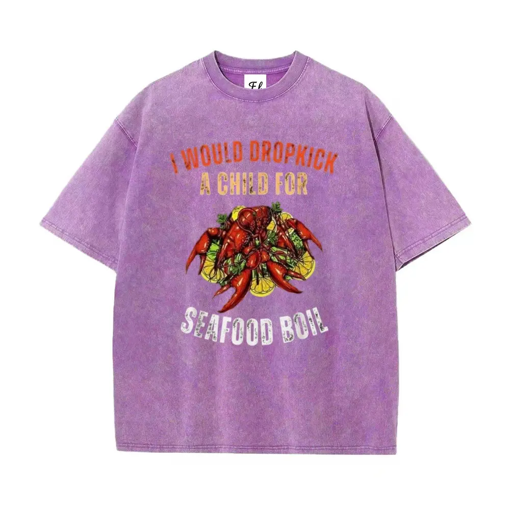 Funny Seafood Boil T-Shirt for Women I Would Dropkick A Child For Crawfish Graphic Tee Vintage Acid Washed Oversized Top Summer Streetwear Aesthetic