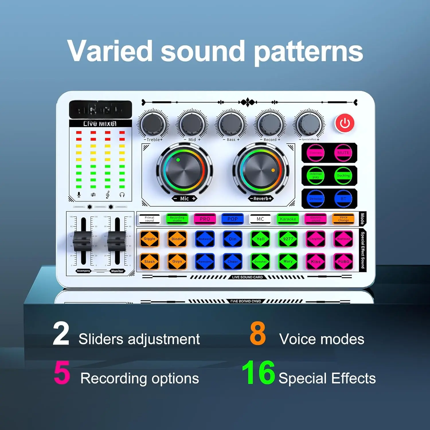 F999 White Live Streaming Sound Card, Professional Audio Mixer