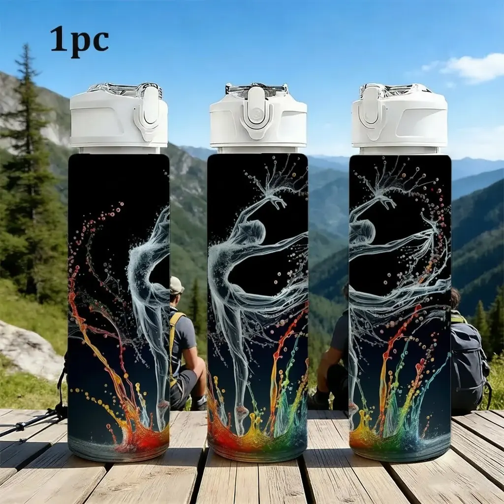 1pc 750ML/25oz Plastic Sports Water Bottle Featuring Vibrant Water Splash Yoga Silhouette Art Design, Secure Leak-Proof Flip-Top Lid with Carry Strap, Lightweight, Reusable & BPA-Free Material, Ideal for Gym, Yoga, Hiking & Outdoor Adventures, Promot