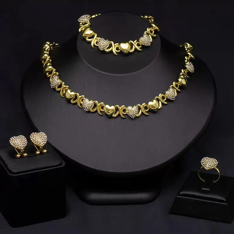 4PCS 18K Gold Plated Elegant Heart Design Jewelry Set - Gold Tone Necklace, Bracelet, Earrings, and Ring with Rhinestones