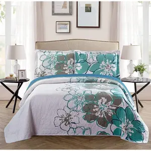 Fancy Collection 3 Pc Bedspread Bed Cover Oversize New (Full/Queen,White Grey Green Floral)