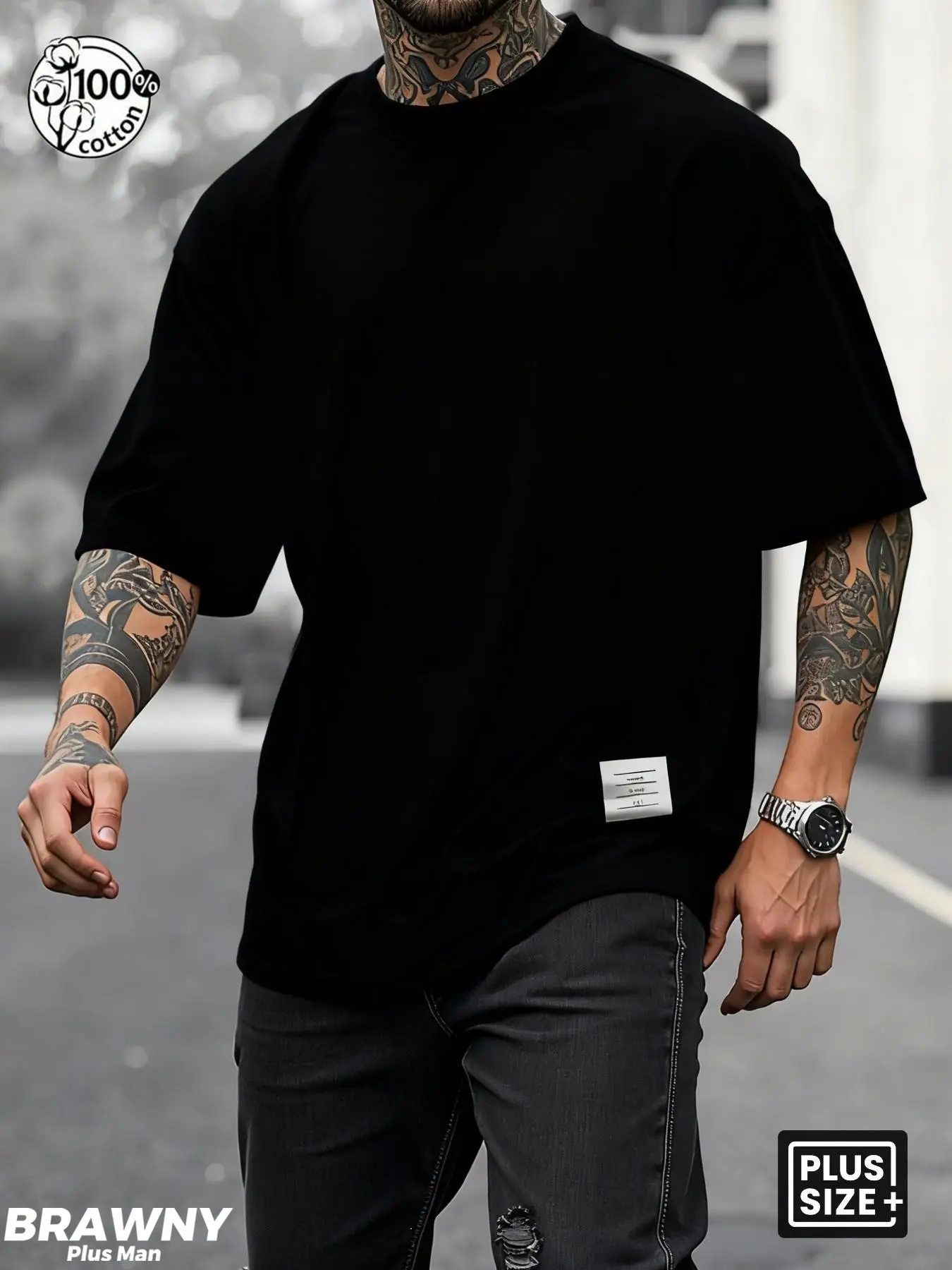 Men's Plus Size Summer Badge Totem Heavy Cotton Loose Fit T-Shirt, High Street Trendy Round Neck Short Sleeve Top, Casual Streetwear Gift