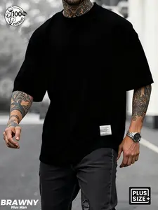 Men's Plus Size Summer Badge Totem Heavy Cotton Loose Fit T-Shirt, High Street Trendy Fashion Round Neck Short Sleeve Top, Casual Streetwear Gift