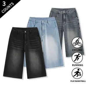 Summer Vibes 3-Pack Men’s Baggy Denim Capri Pants, Vintage Washed Knee-Length Jeans Shorts for Streetwear & Casual Wear