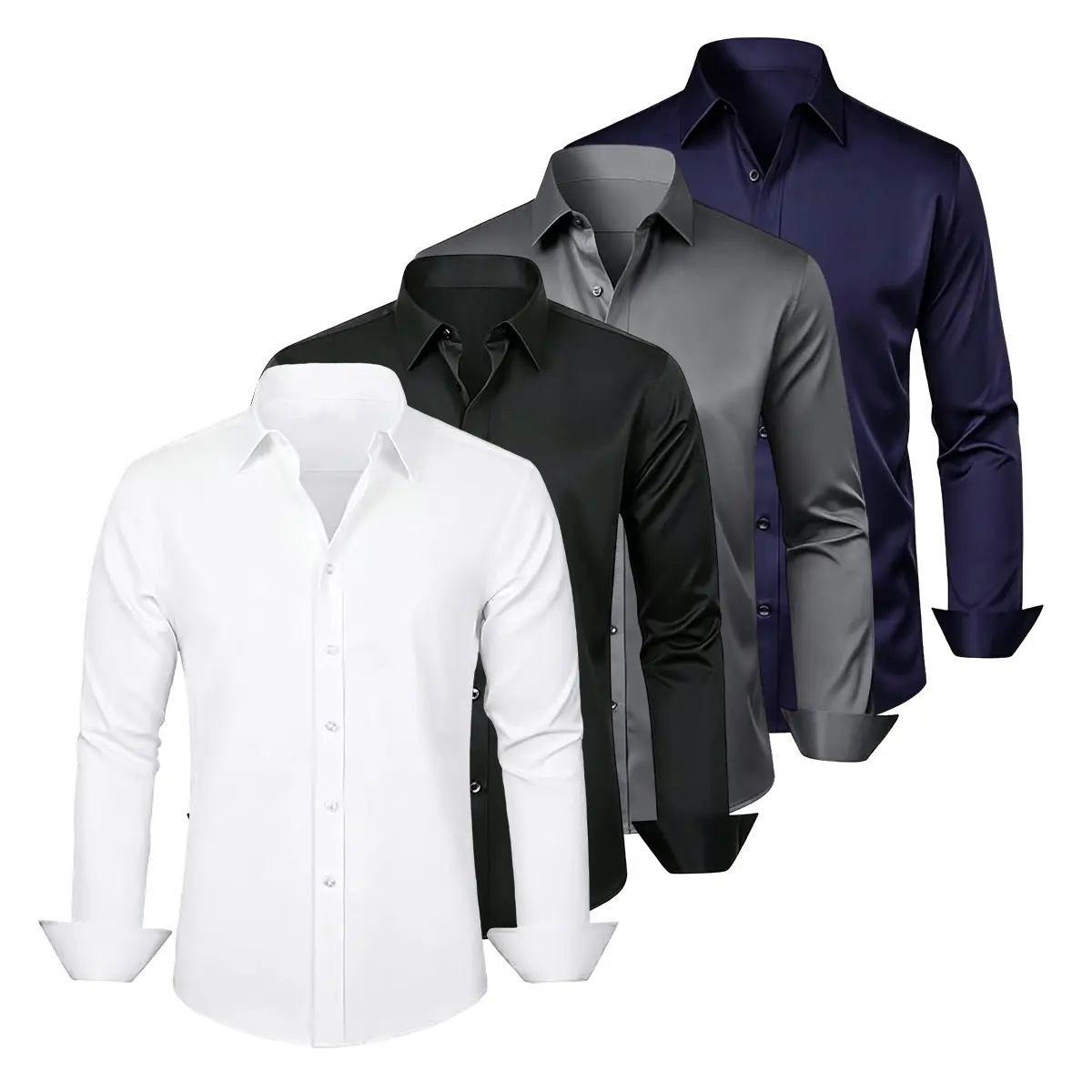 Men’s Plain Woven Button-Down Shirts 4-Pack, Slim Fit Longsleeves with Standard Cuffs & Hem, Stretchy Polyester Menswear for Slightly Overweight Men, Business Casual & Semi-Formal Suit Layering Value Bundle