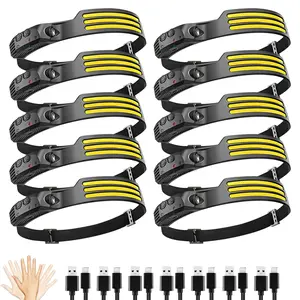 10Pack LED Headlamp Rechargeable with 3 Led Strip, 230° Wide Beam Head Lamp for Forehead, 6Mode Hard Hat Light for Adults, Flashlight for Work, Hiking, Running, Camping Essentials Gear