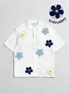 Y2K Street Style Floral Patchwork Waffle Short Sleeve Shirt, Loose-Fitting Asymmetrical Design, Summer Casual Beach Vacation Wear